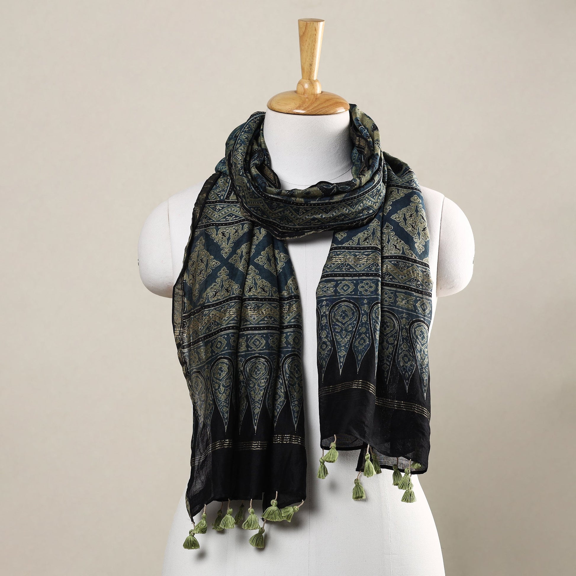 Blue - Ajrakh Hand Block Printed Chanderi Silk Handloom Stole with Tassels
