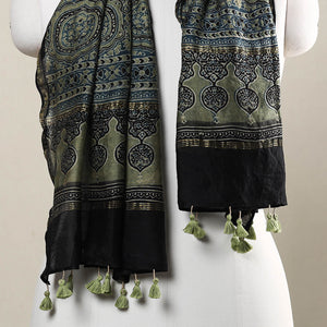 Blue - Ajrakh Hand Block Printed Chanderi Silk Handloom Stole with Tassels