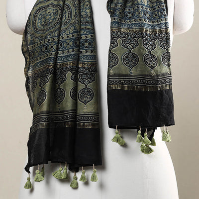 Blue - Ajrakh Hand Block Printed Chanderi Silk Handloom Stole with Tassels