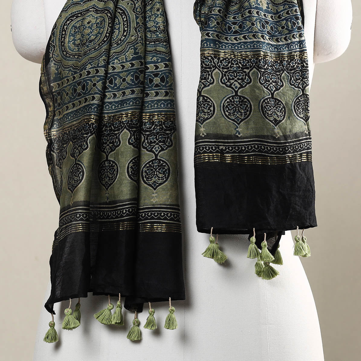 Blue - Ajrakh Hand Block Printed Chanderi Silk Handloom Stole with Tassels