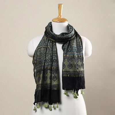 Blue - Ajrakh Hand Block Printed Chanderi Silk Handloom Stole with Tassels