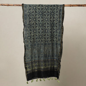 Blue - Ajrakh Hand Block Printed Chanderi Silk Handloom Stole with Tassels