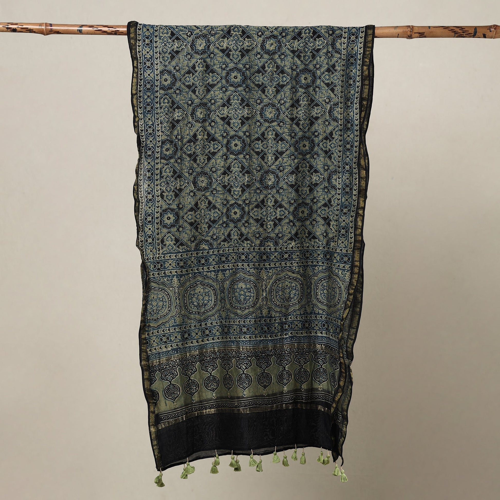 Blue - Ajrakh Hand Block Printed Chanderi Silk Handloom Stole with Tassels