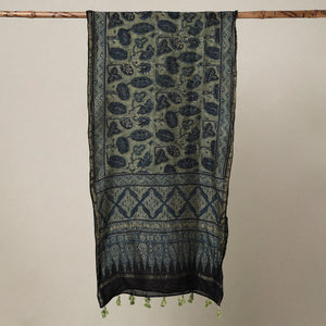 Blue - Ajrakh Hand Block Printed Chanderi Silk Handloom Stole with Tassels