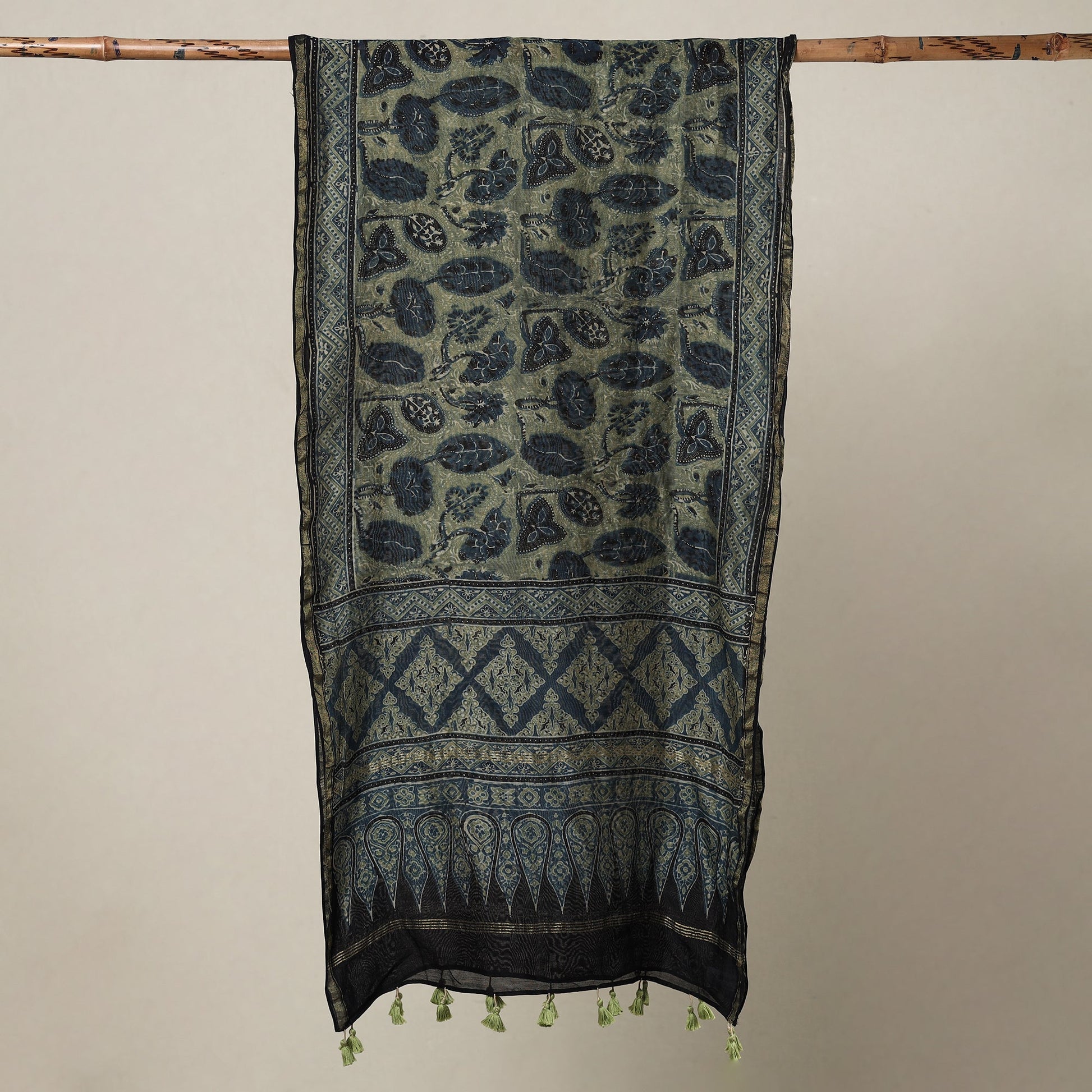 Blue - Ajrakh Hand Block Printed Chanderi Silk Handloom Stole with Tassels