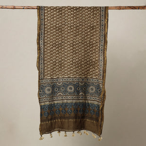 Brown - Ajrakh Hand Block Printed Chanderi Silk Handloom Stole with Tassels