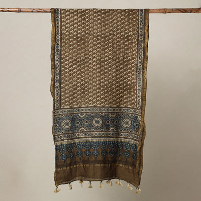 Brown - Ajrakh Hand Block Printed Chanderi Silk Handloom Stole with Tassels