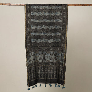 Black - Ajrakh Hand Block Printed Chanderi Silk Handloom Stole with Tassels