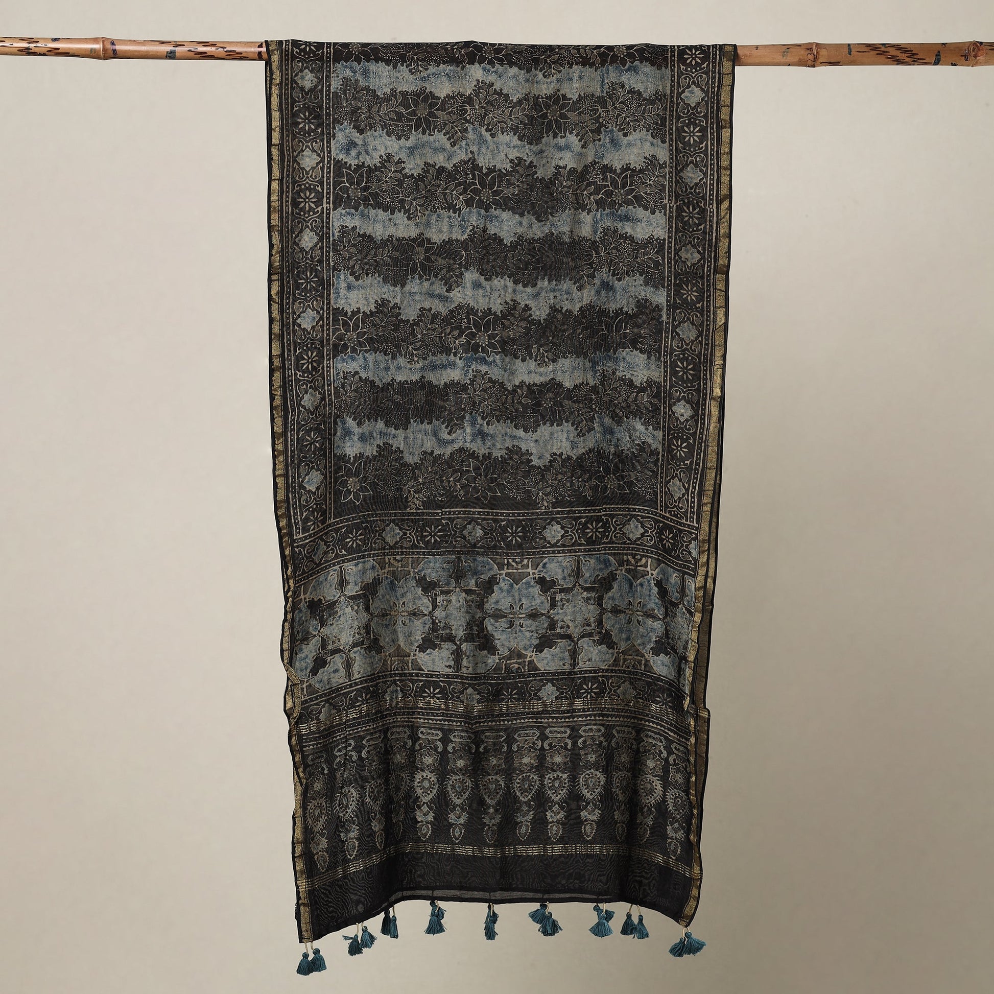 Black - Ajrakh Hand Block Printed Chanderi Silk Handloom Stole with Tassels