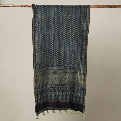 Blue - Ajrakh Hand Block Printed Chanderi Silk Handloom Stole with Tassels