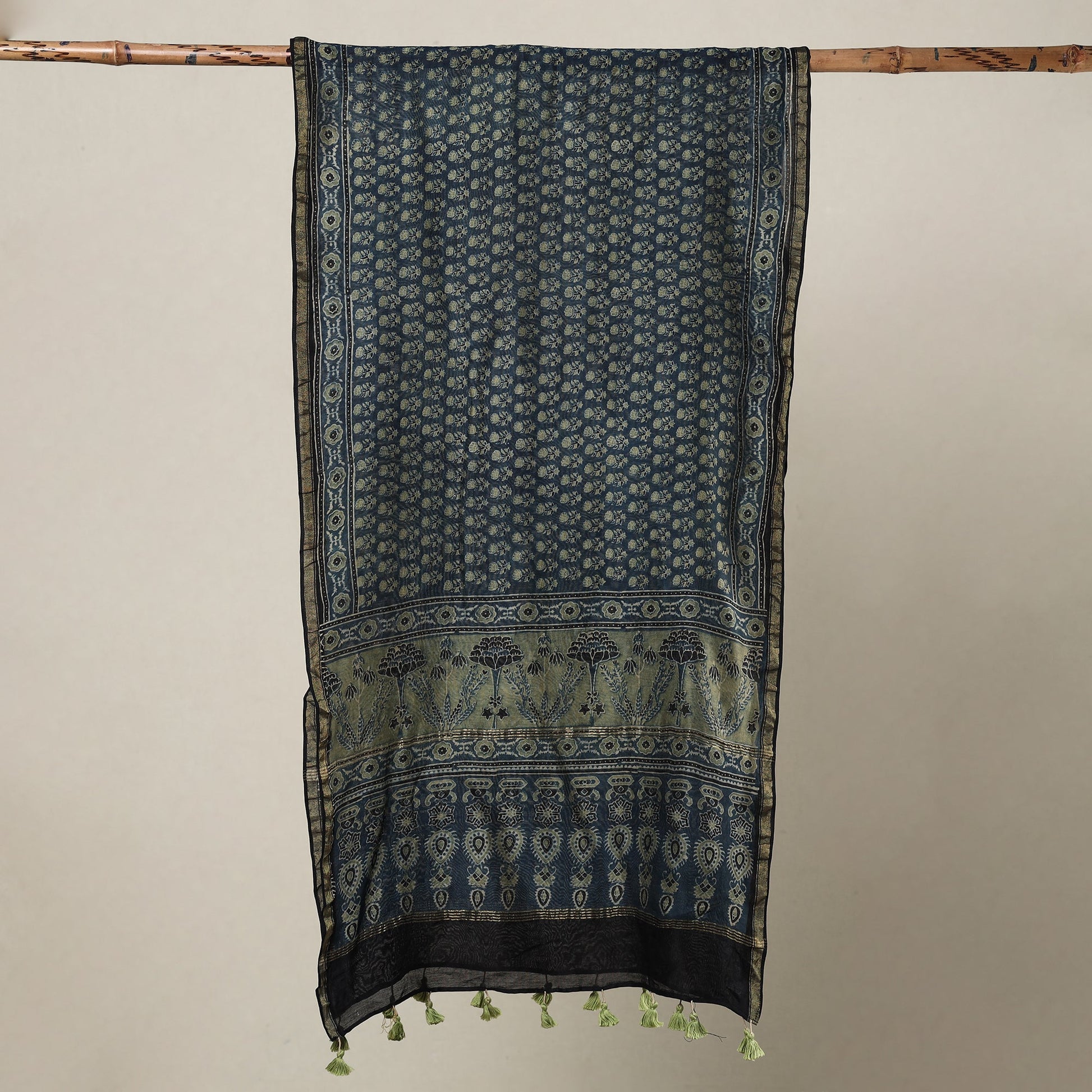 Blue - Ajrakh Hand Block Printed Chanderi Silk Handloom Stole with Tassels