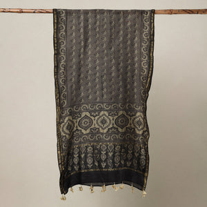 Brown - Ajrakh Hand Block Printed Chanderi Silk Handloom Stole with Tassels
