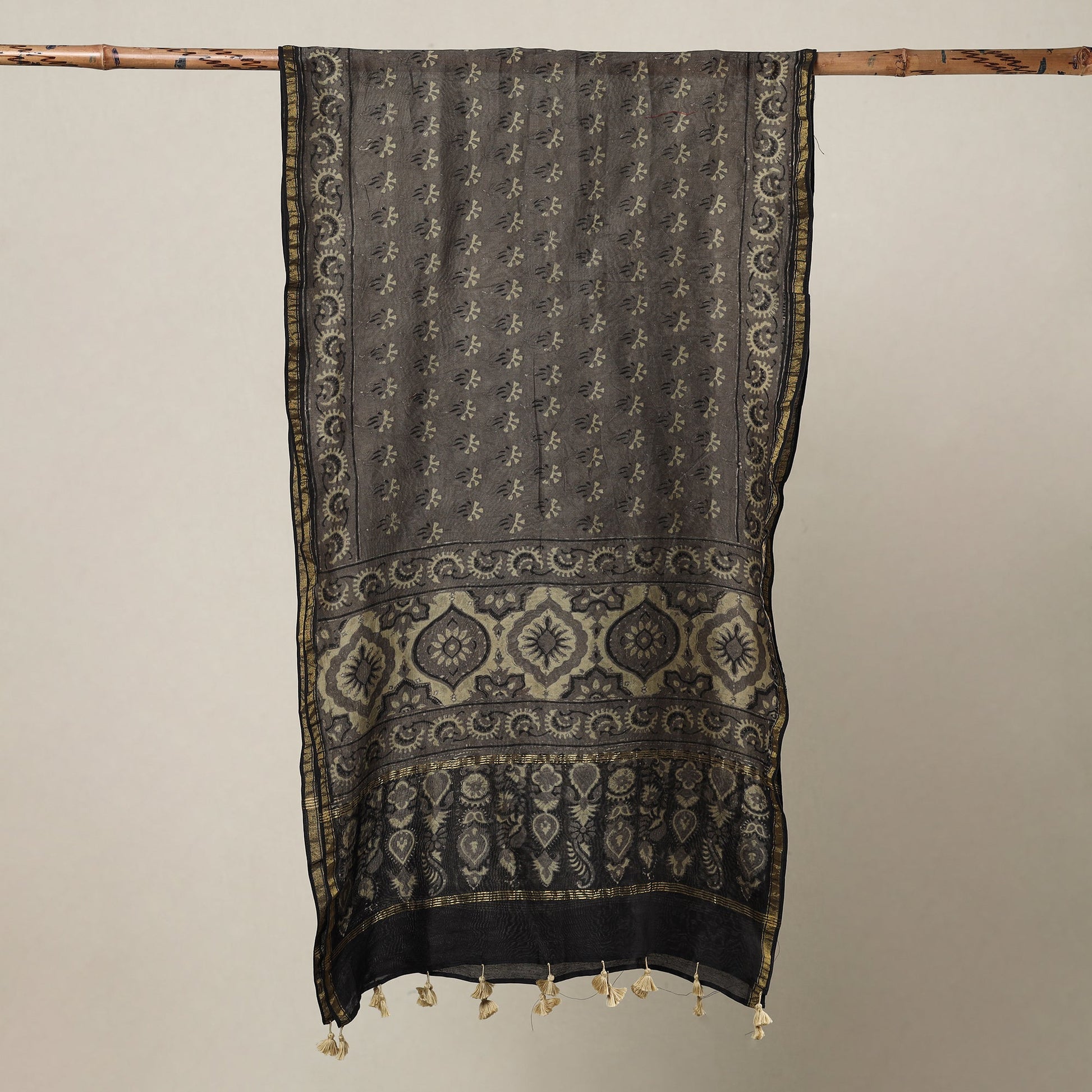 Brown - Ajrakh Hand Block Printed Chanderi Silk Handloom Stole with Tassels