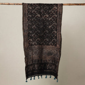 Black - Ajrakh Hand Block Printed Chanderi Silk Handloom Stole with Tassels