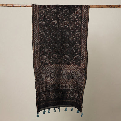 Black - Ajrakh Hand Block Printed Chanderi Silk Handloom Stole with Tassels