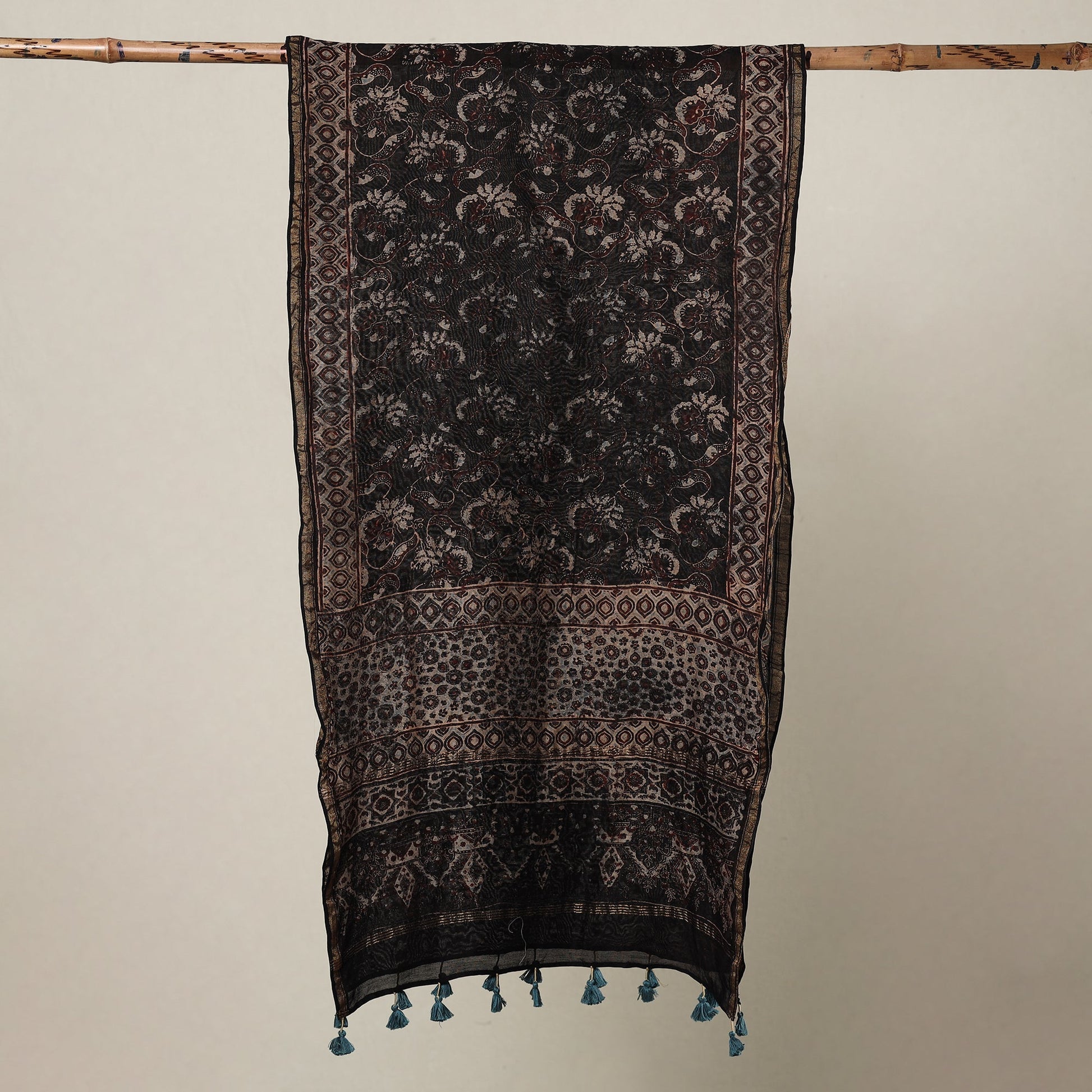 Black - Ajrakh Hand Block Printed Chanderi Silk Handloom Stole with Tassels