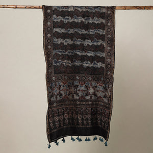 Black - Ajrakh Hand Block Printed Chanderi Silk Handloom Stole with Tassels