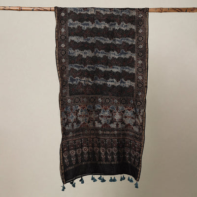 Black - Ajrakh Hand Block Printed Chanderi Silk Handloom Stole with Tassels
