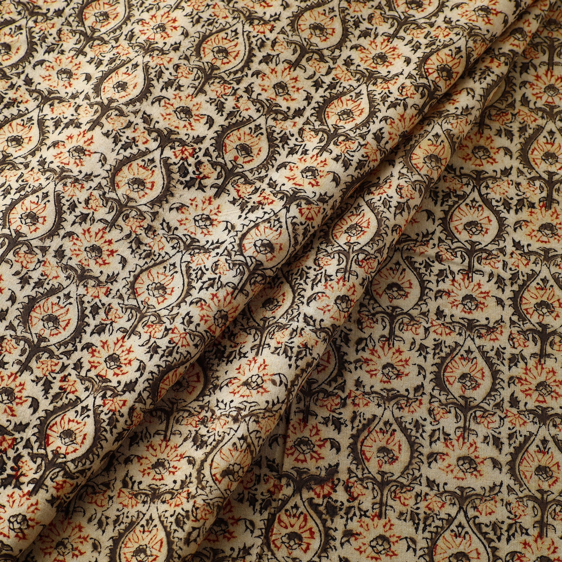 Beige - Block Print Cotton Pedana Kalamkari Fabric 11