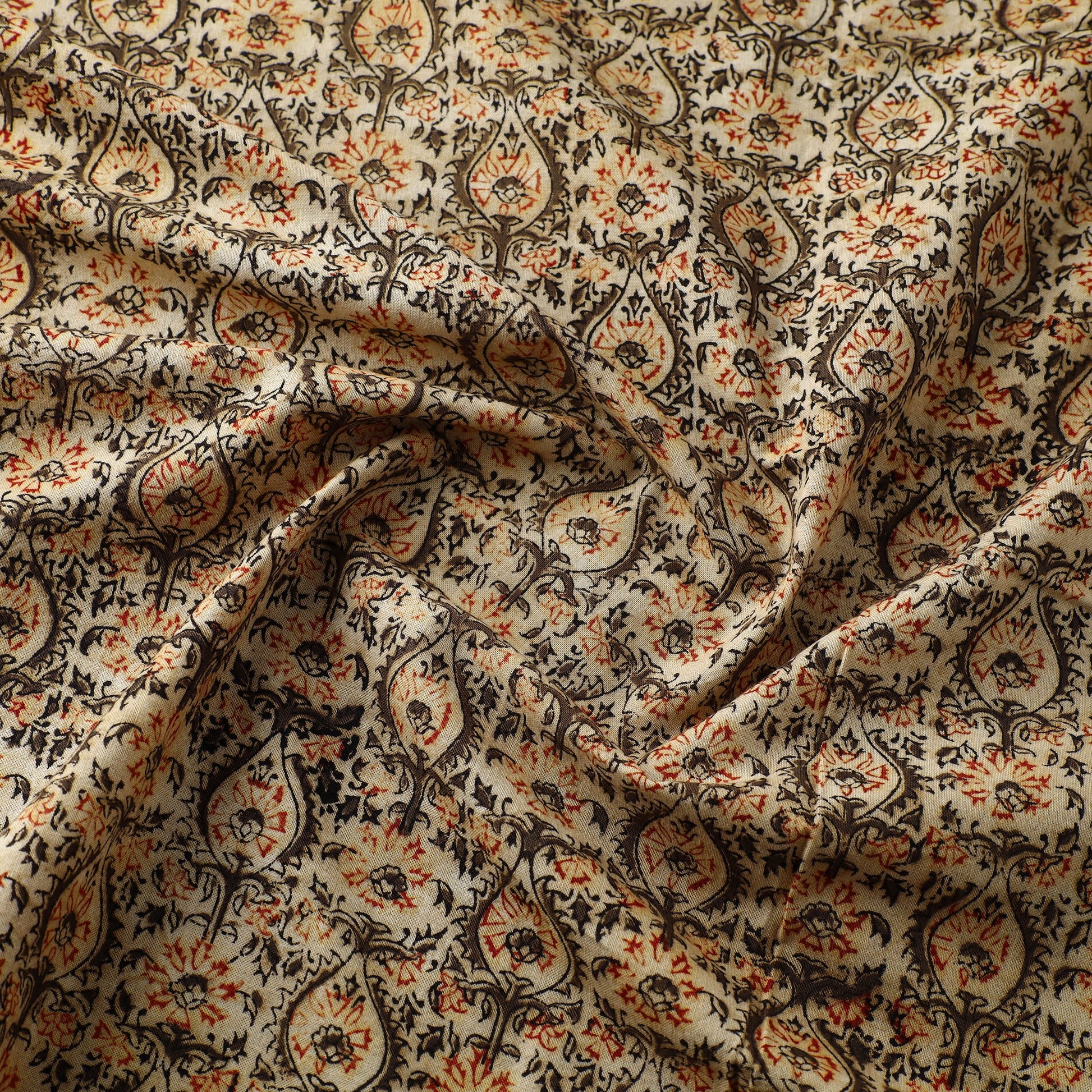Beige - Block Print Cotton Pedana Kalamkari Fabric 11