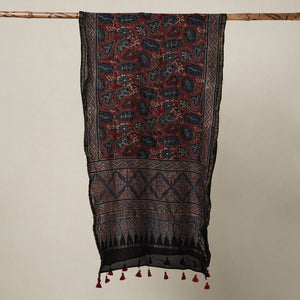Black - Ajrakh Hand Block Printed Chanderi Silk Handloom Stole with Tassels