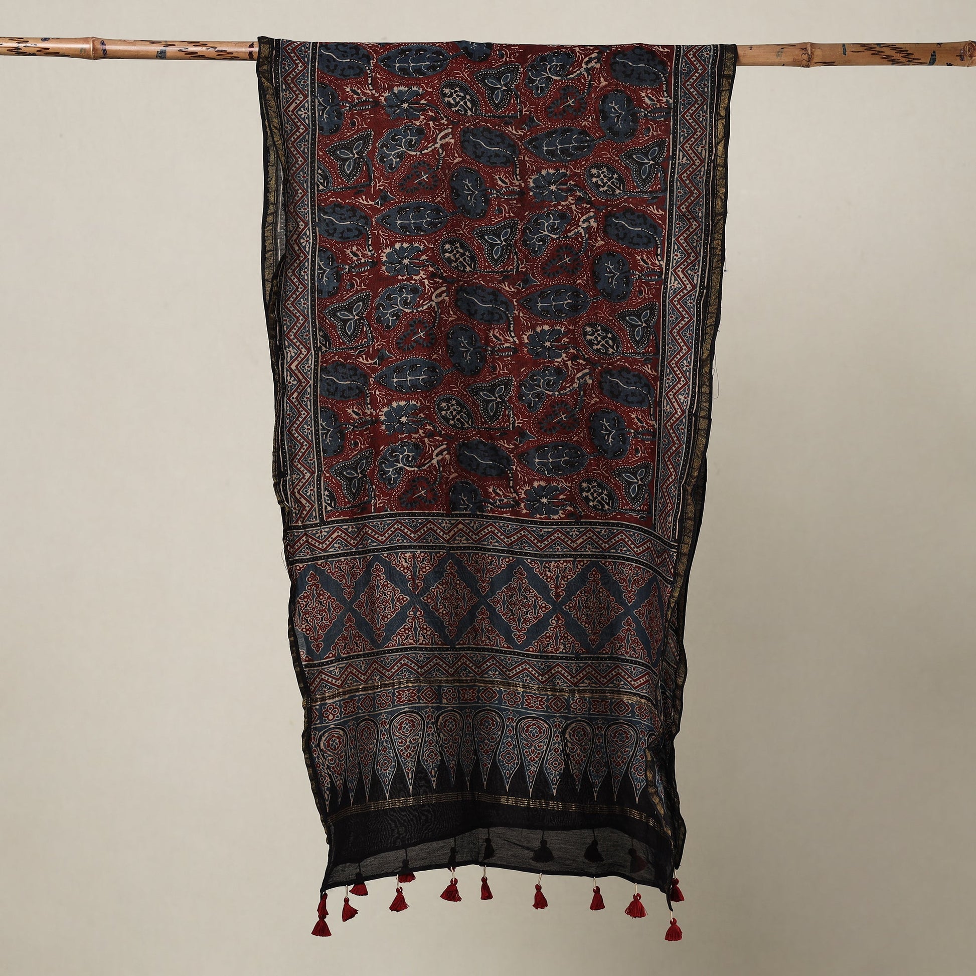 Black - Ajrakh Hand Block Printed Chanderi Silk Handloom Stole with Tassels