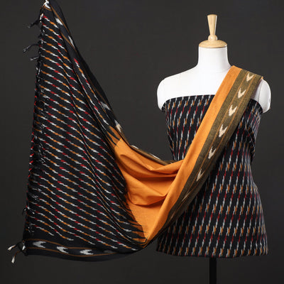 Black - 3pc Pochampally Ikat Weave Cotton Suit Material Set