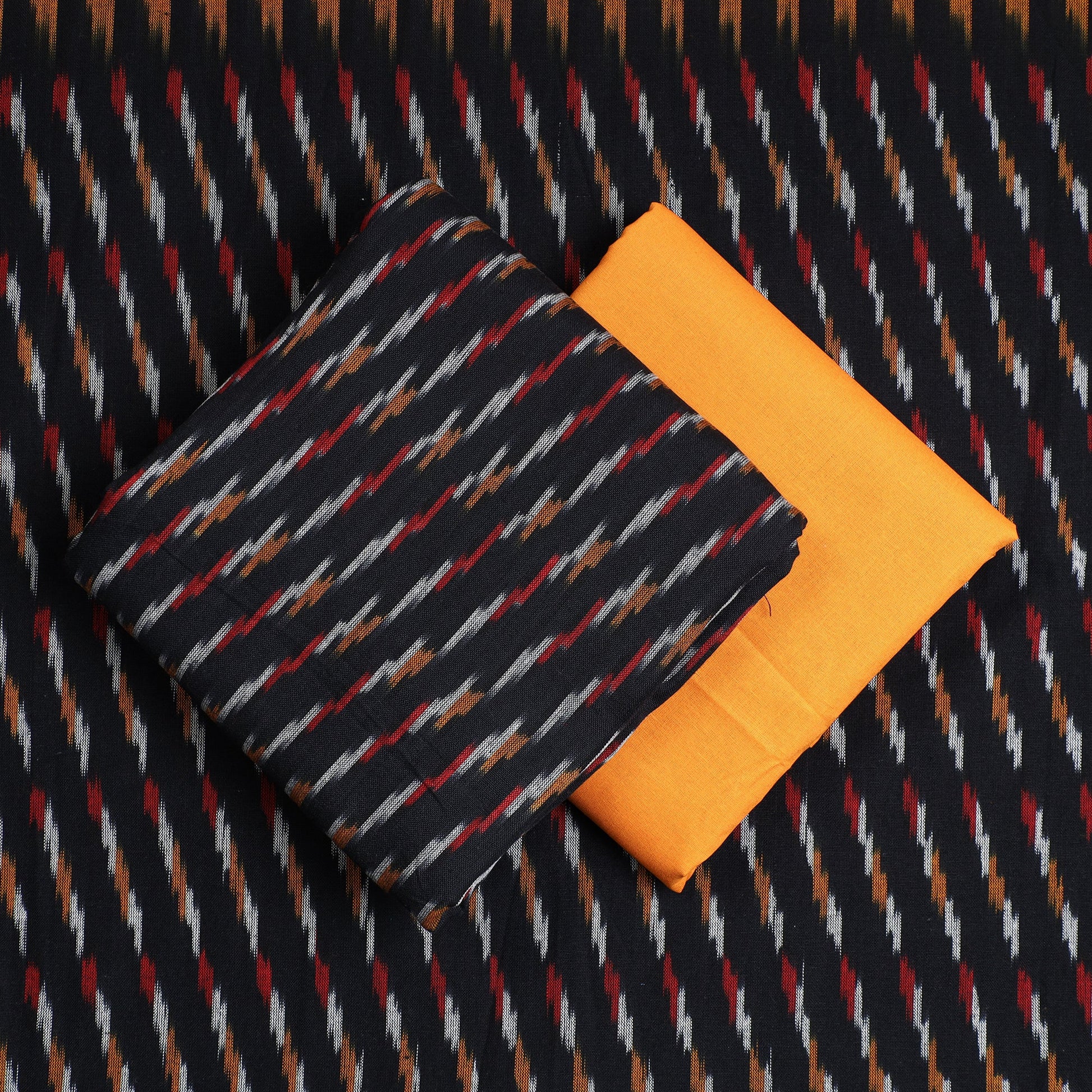 Black - 3pc Pochampally Ikat Weave Cotton Suit Material Set