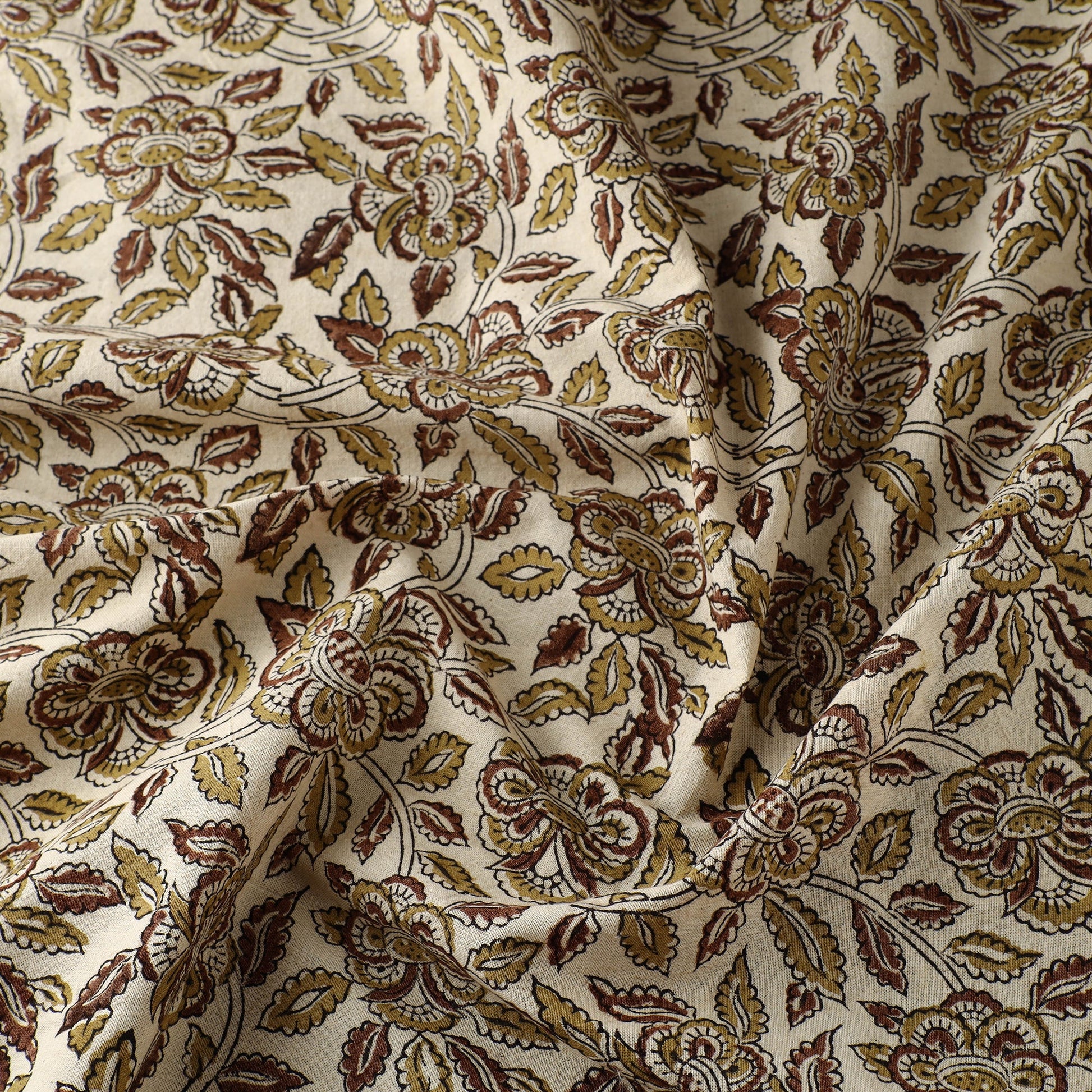 Beige - Block Print Cotton Pedana Kalamkari Fabric 23