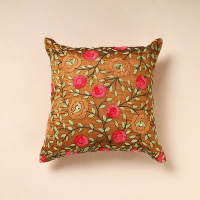 Brown - Chanderi Silk Phulkari Hand Embroidered Cushion Cover