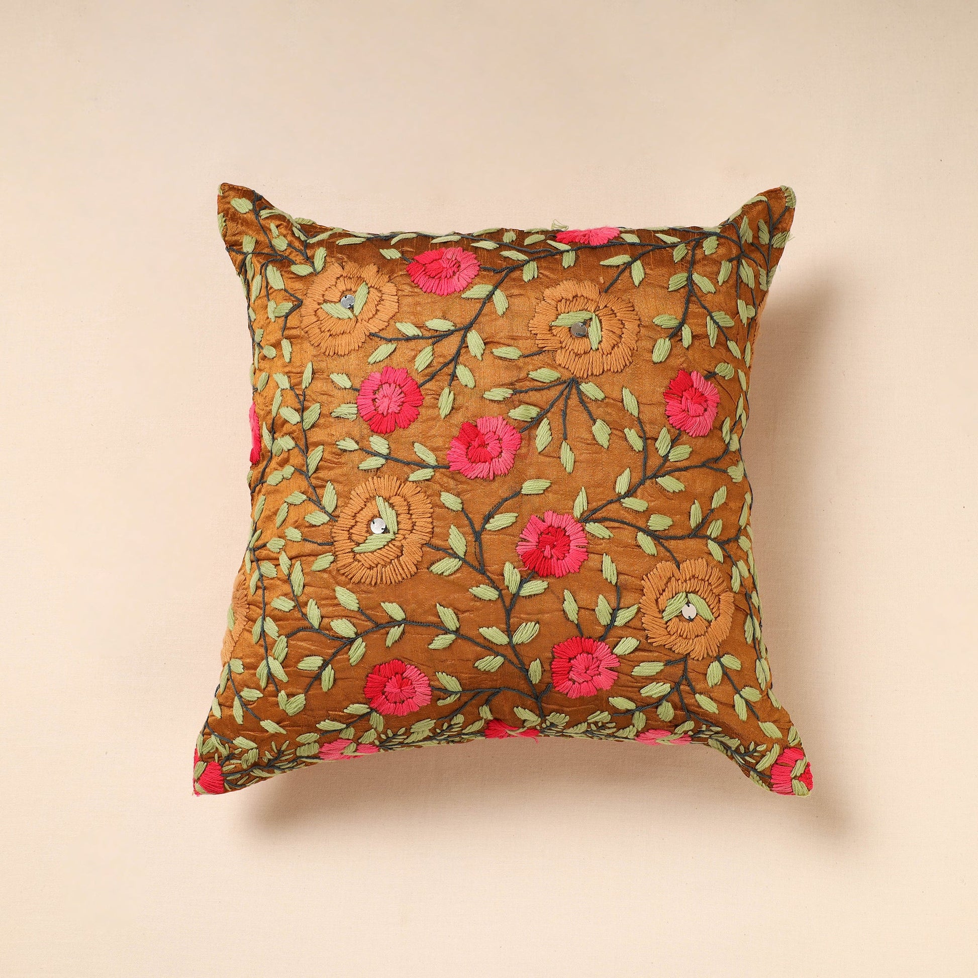 Brown - Chanderi Silk Phulkari Hand Embroidered Cushion Cover