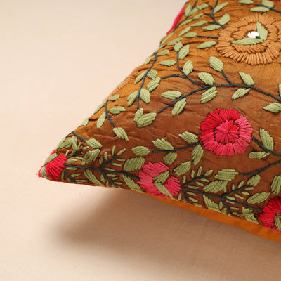Brown - Chanderi Silk Phulkari Hand Embroidered Cushion Cover
