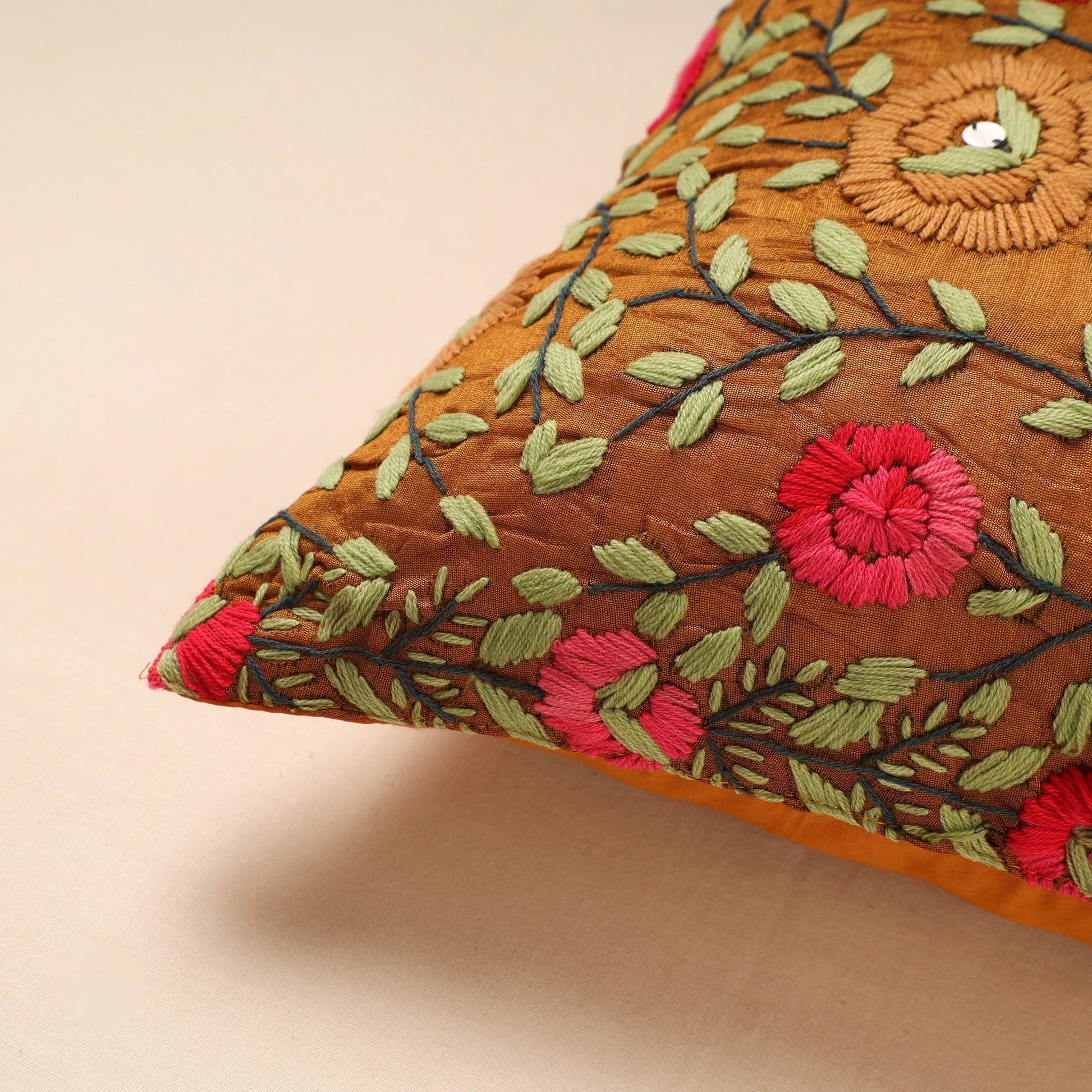 Brown - Chanderi Silk Phulkari Hand Embroidered Cushion Cover