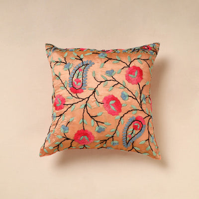 Brown - Chanderi Silk Phulkari Hand Embroidered Cushion Cover