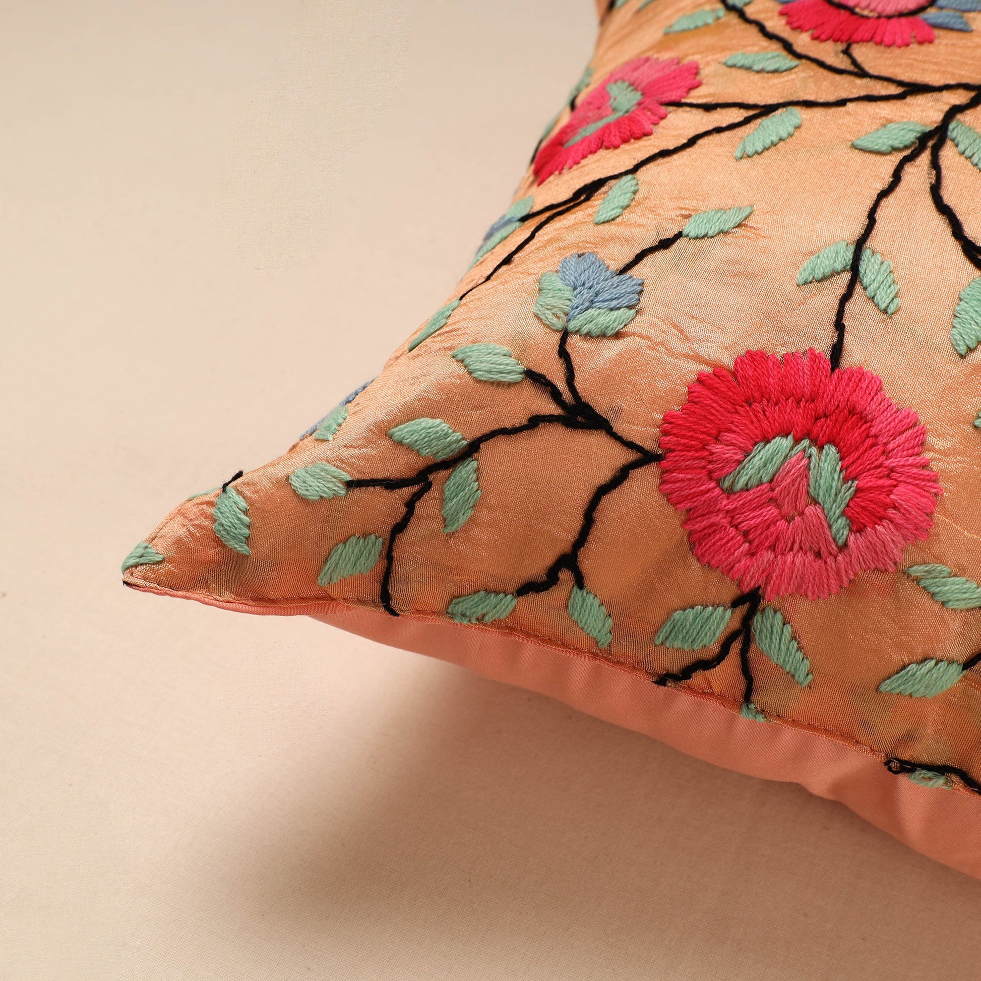 Brown - Chanderi Silk Phulkari Hand Embroidered Cushion Cover