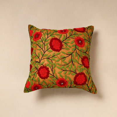 Brown - Chanderi Silk Phulkari Hand Embroidered Cushion Cover