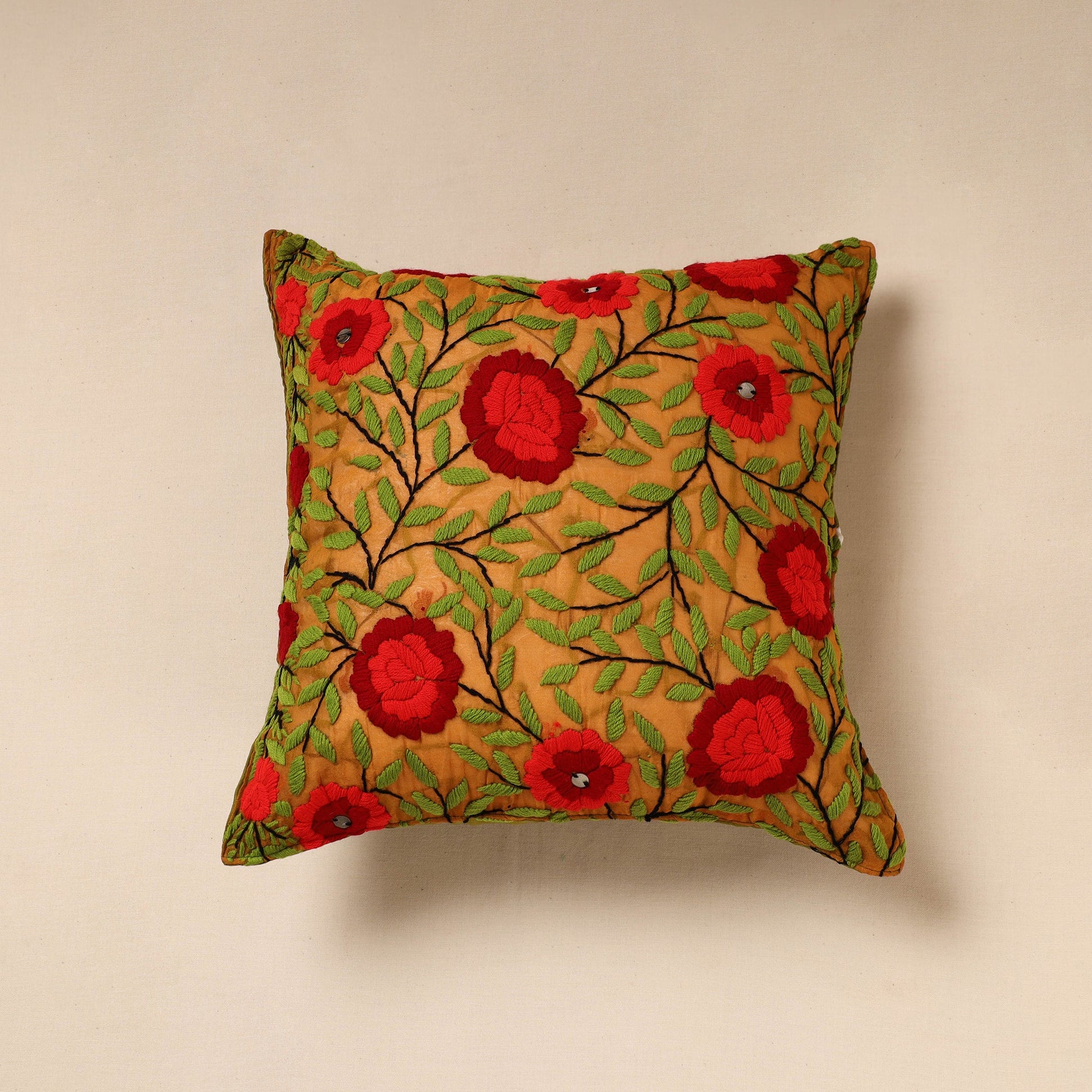 Brown - Chanderi Silk Phulkari Hand Embroidered Cushion Cover