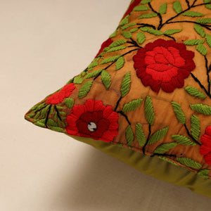 Brown - Chanderi Silk Phulkari Hand Embroidered Cushion Cover