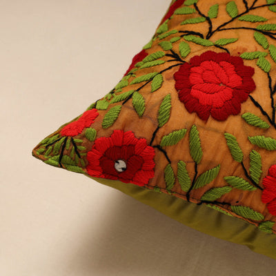Brown - Chanderi Silk Phulkari Hand Embroidered Cushion Cover