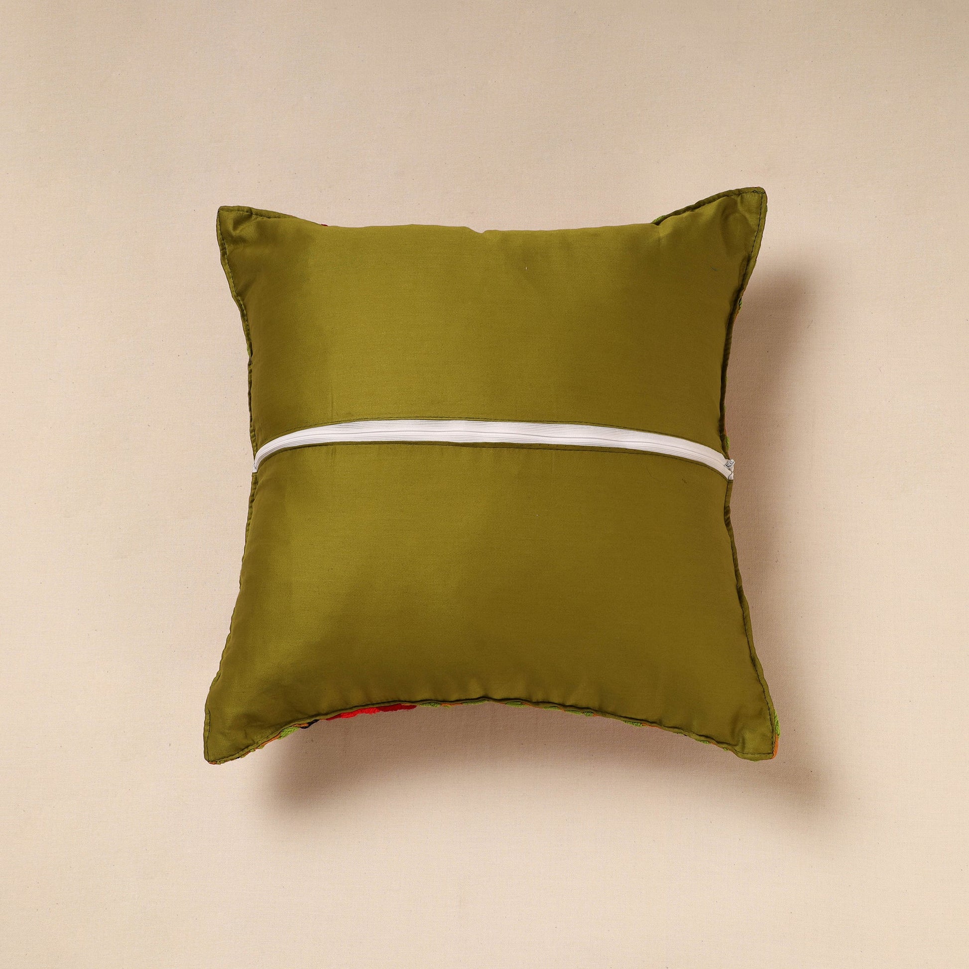 Brown - Chanderi Silk Phulkari Hand Embroidered Cushion Cover
