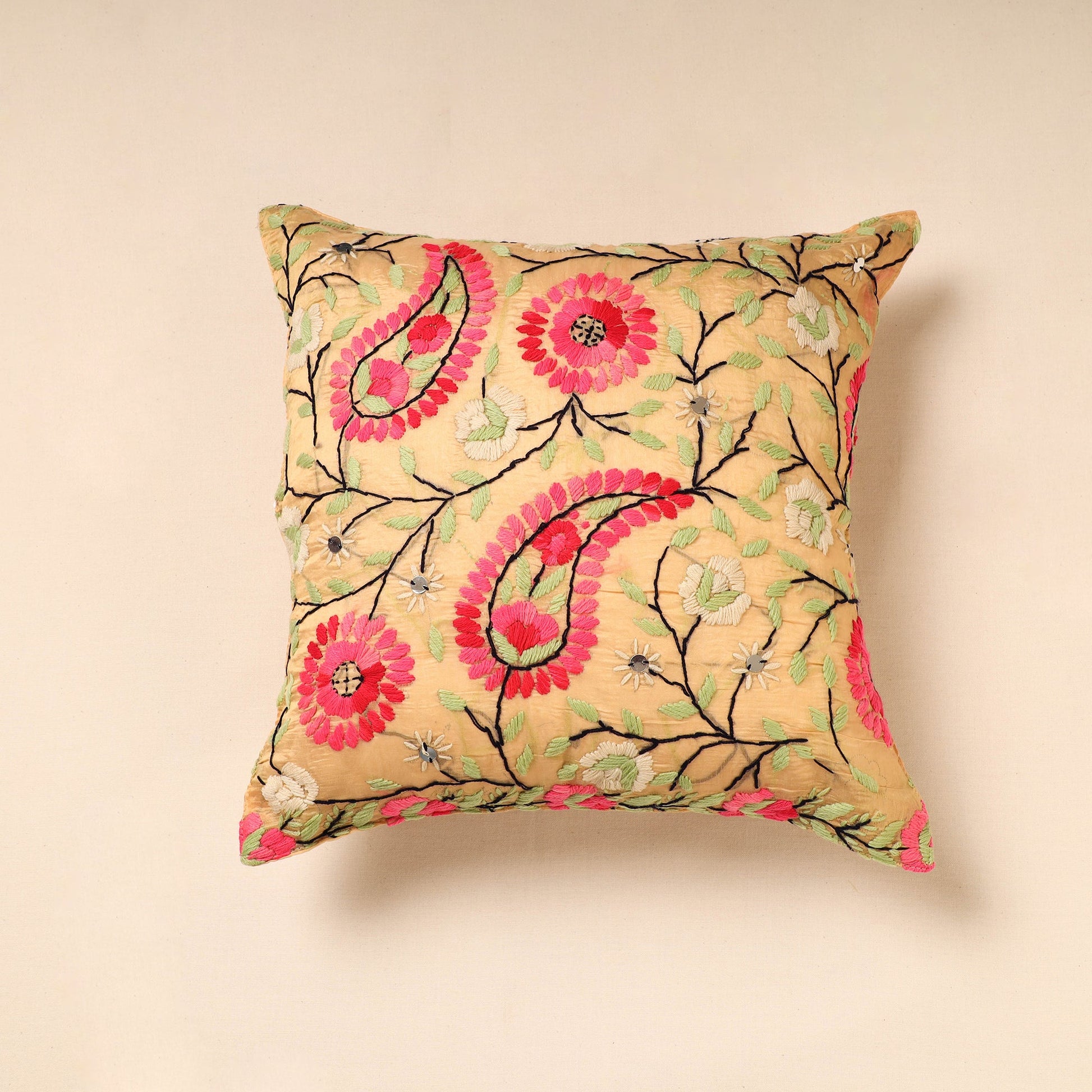 Brown - Chanderi Silk Phulkari Hand Embroidered Cushion Cover
