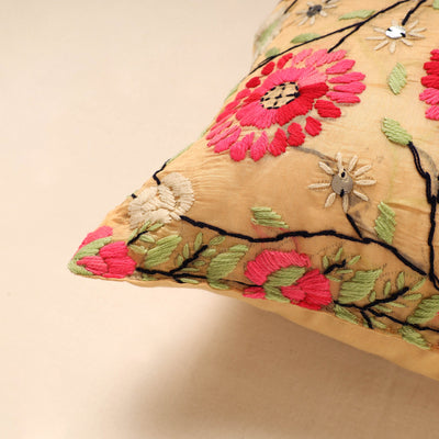 Brown - Chanderi Silk Phulkari Hand Embroidered Cushion Cover