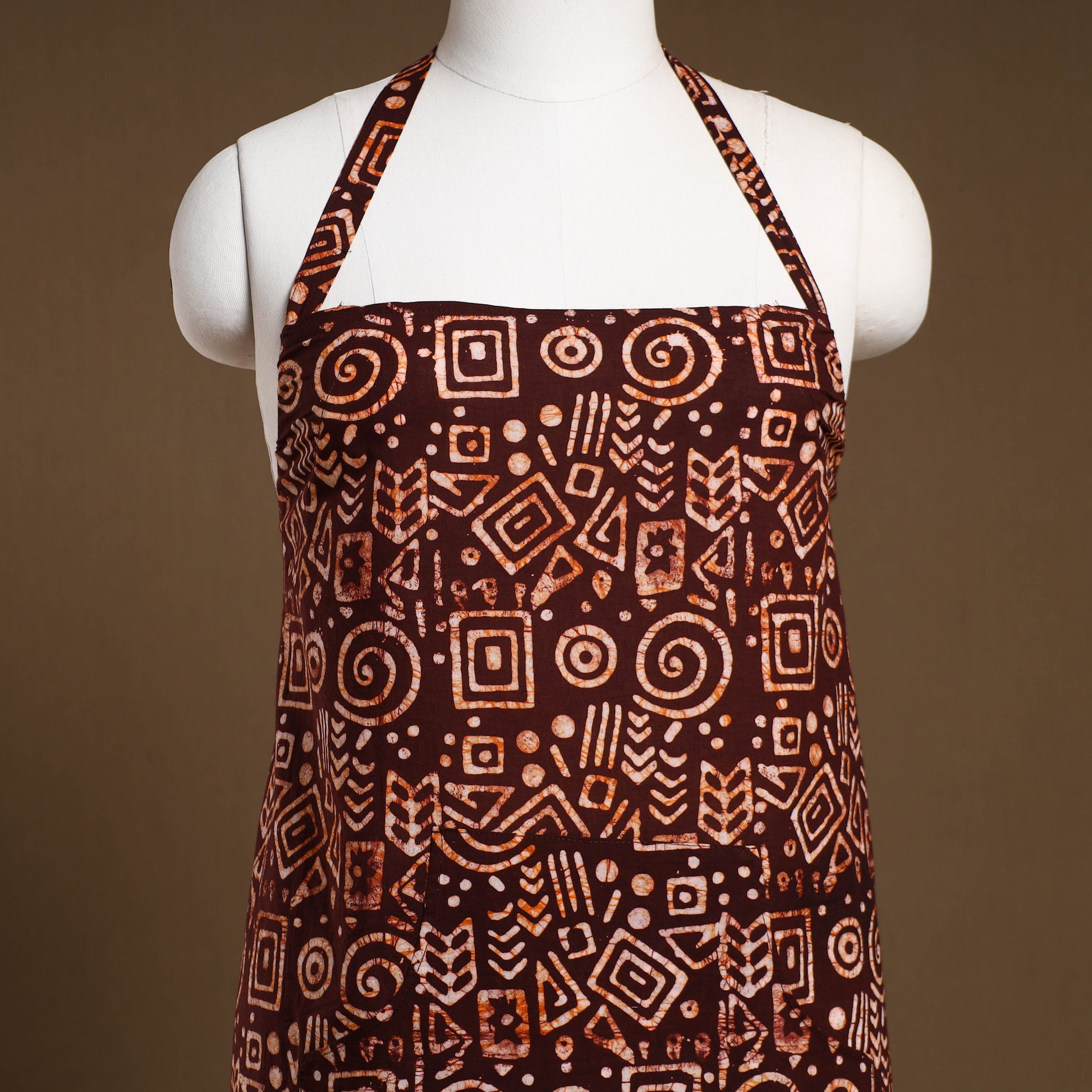 Brown - Hand Batik Print Cotton Apron with Pocket 07