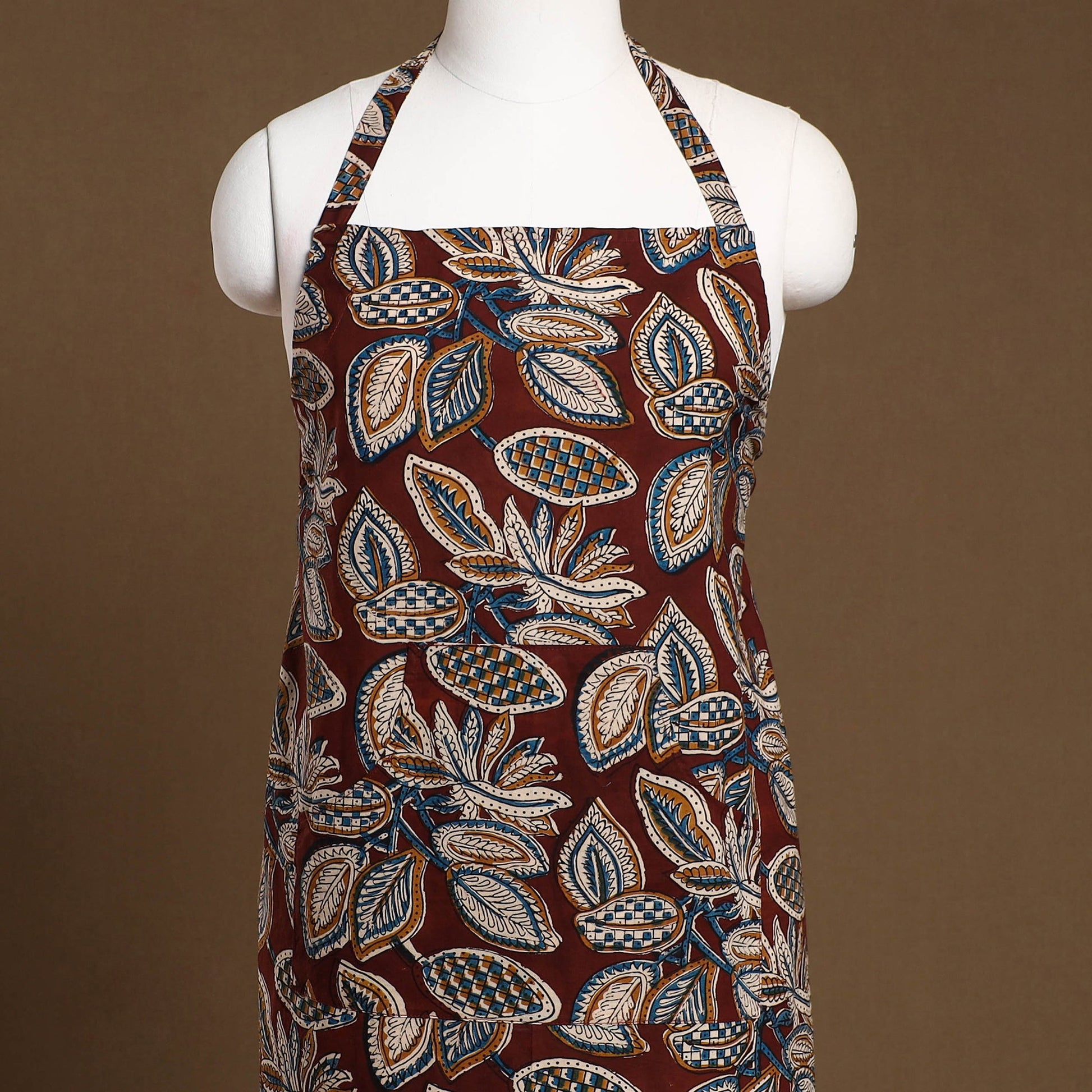 Brown - Kalamkari Block Print Cotton Apron with Pocket 31
