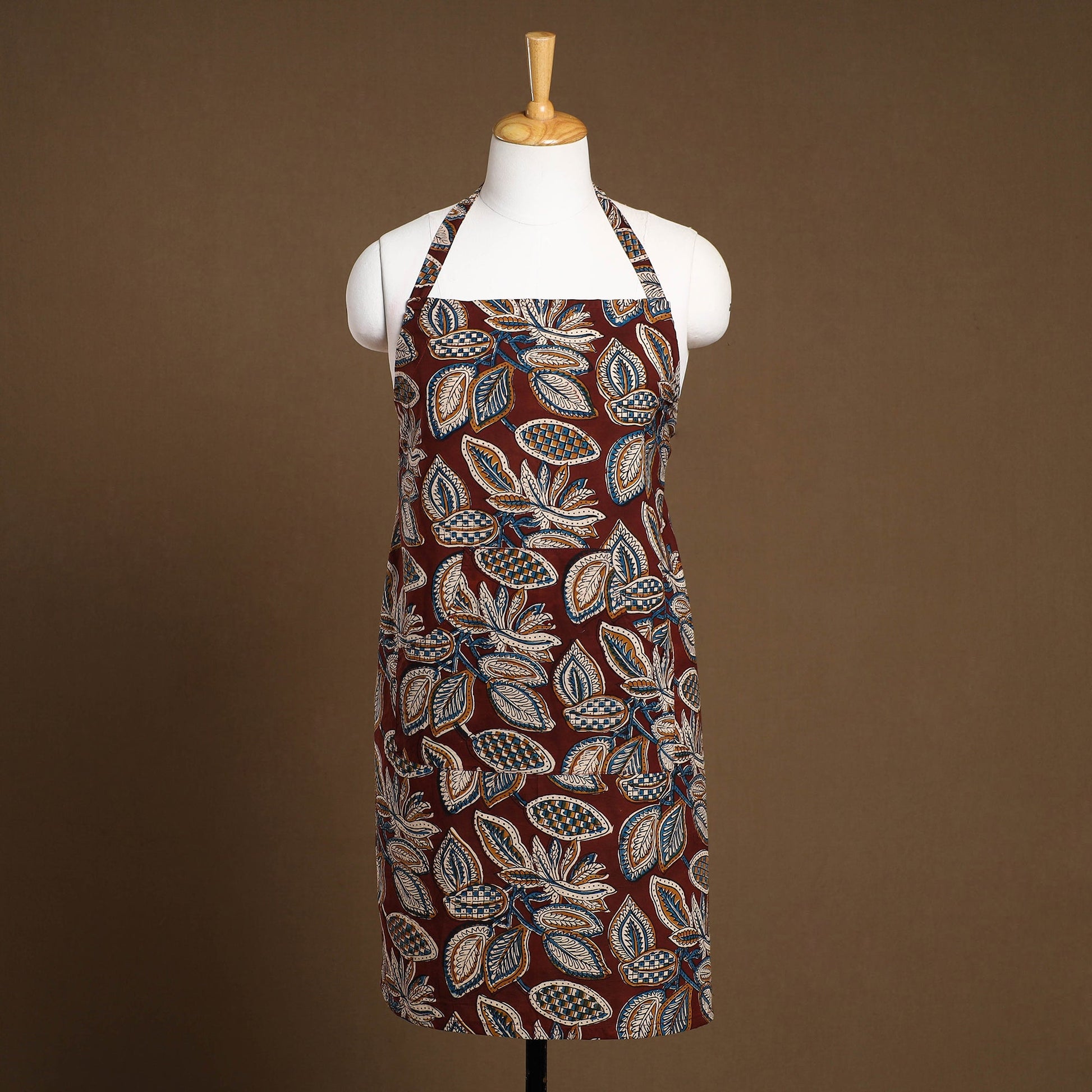 Brown - Kalamkari Block Print Cotton Apron with Pocket 31