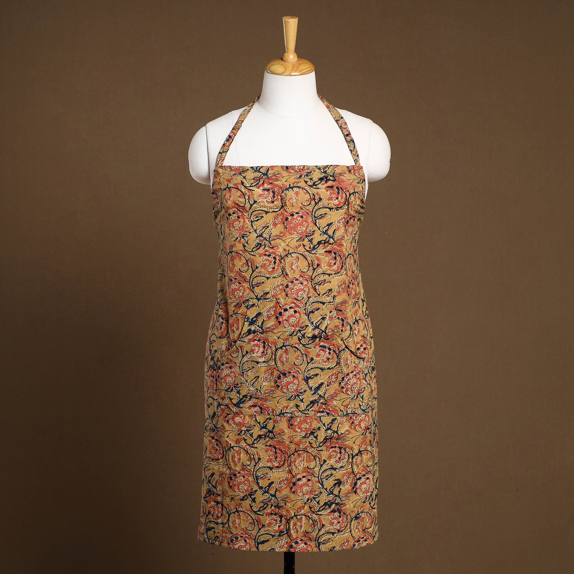 Beige - Kalamkari Block Print Cotton Apron with Pocket 32
