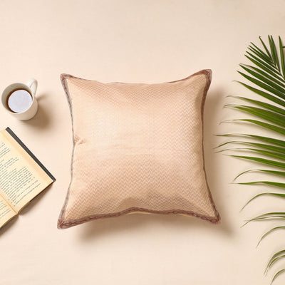 Beige - Traditional Pure Banarasi Silk Handwoven Zari Cushion Cover (16 x 16 in)