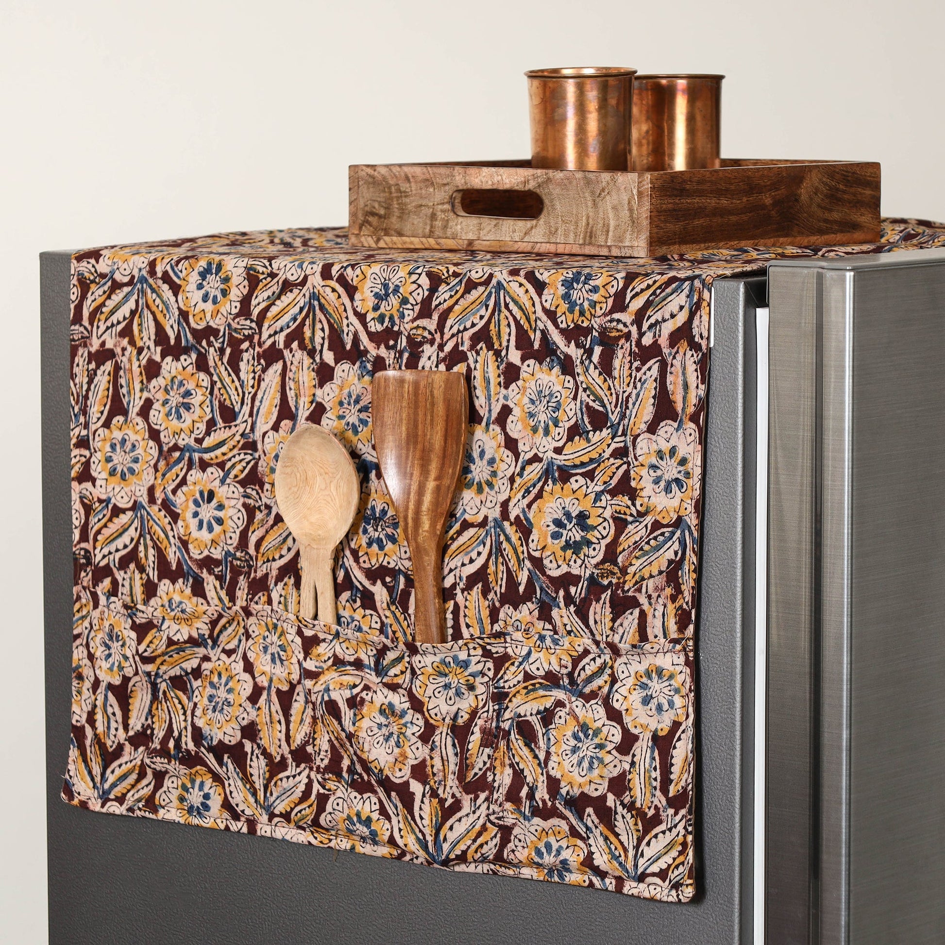Brown - Handmade Cotton Fridge Top Cover with Multiple Pockets 31