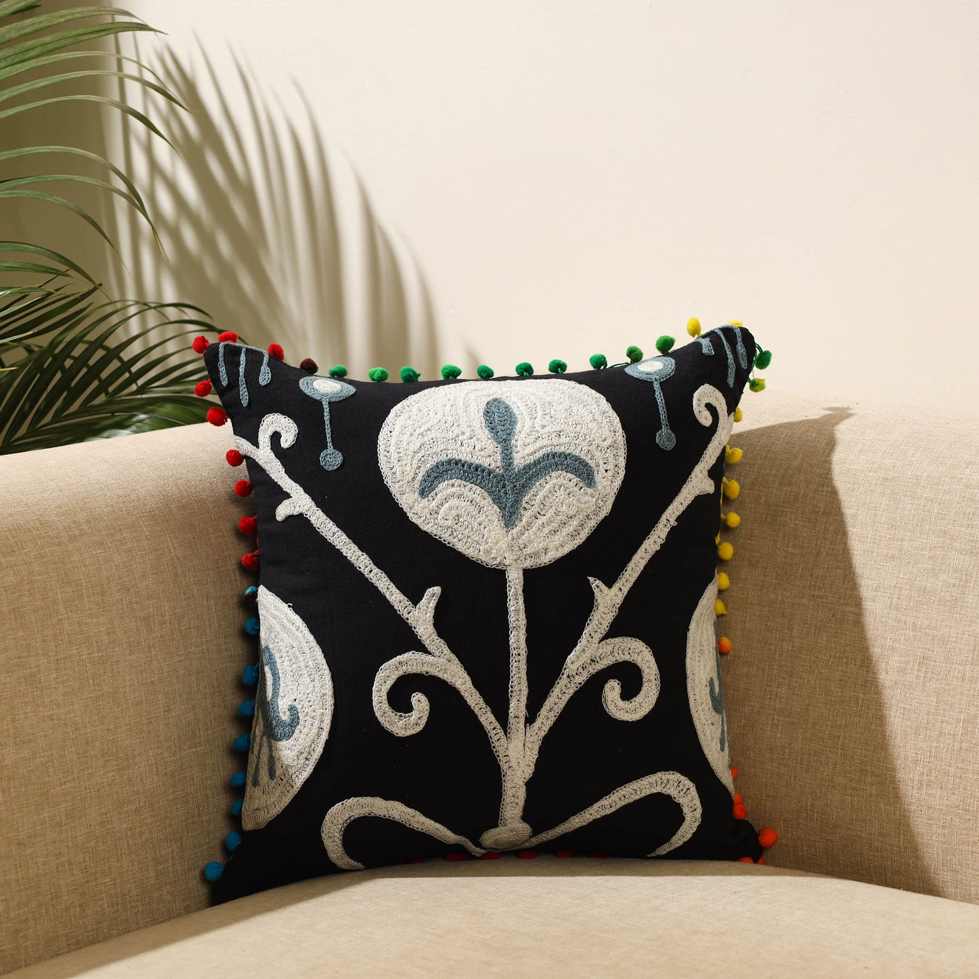 Black - Suzani Embroidery Cushion Cover (16 x 16 in) 38