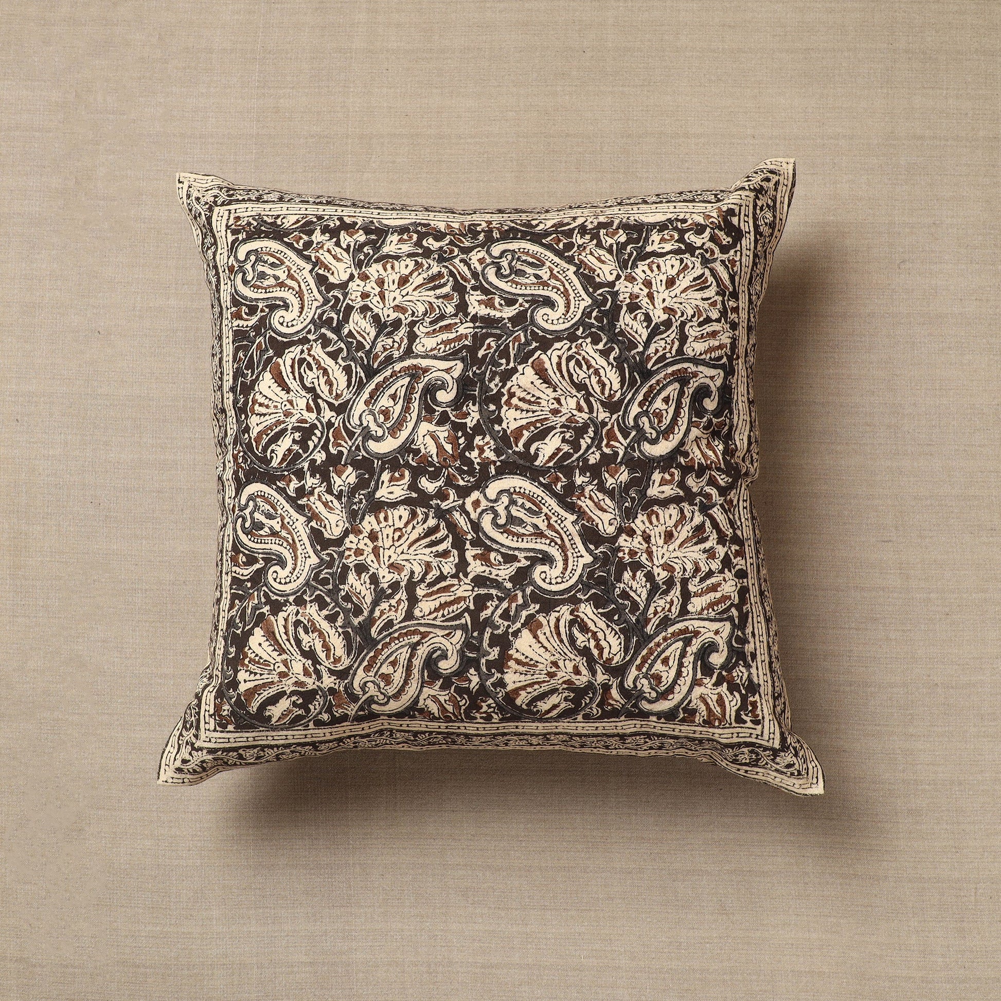 Brown - Original Pedana Block Print Cotton Kalamkari Cushion Cover 01
